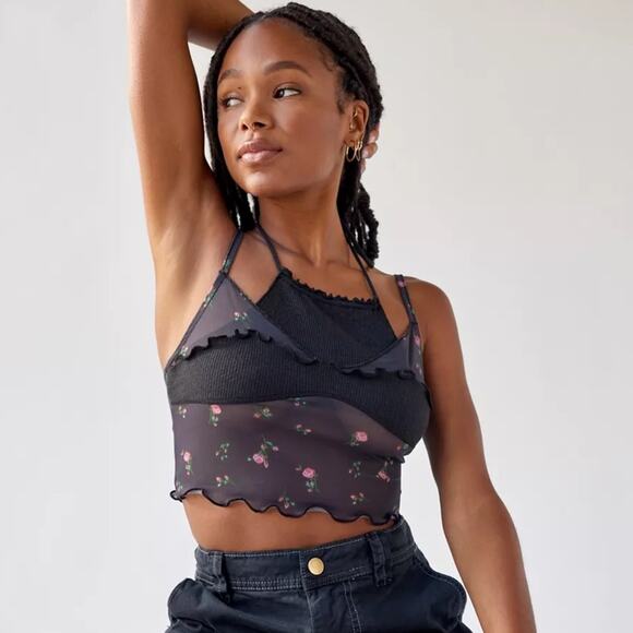 Urban Outfitters Layered Cropped Cami Mesh Floral Print Ribbed Panel Size Medium - Picture 2 of 16